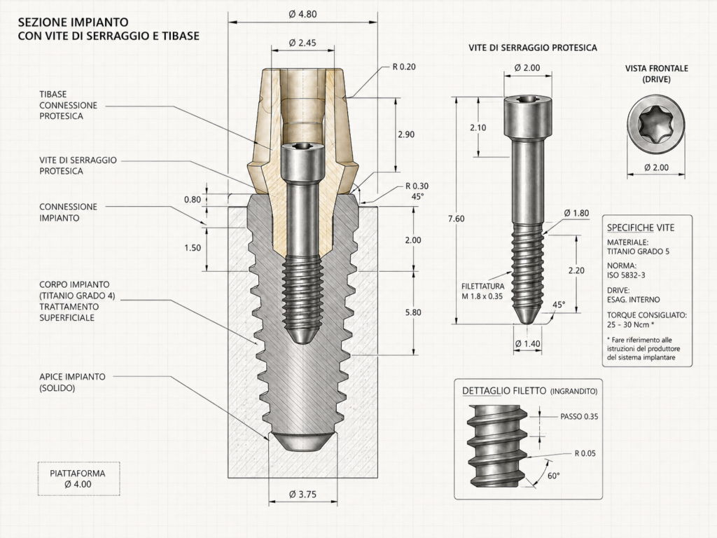 Sezione tecnica di impianto dentale con TiBase e vite di serraggio protesica